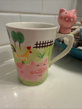 Pink Pig Ceramic Coffee Mug with Pig Handle Accent